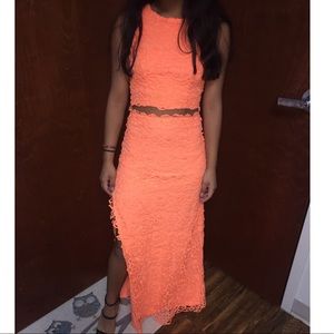Orange two-piece formal dress with slit